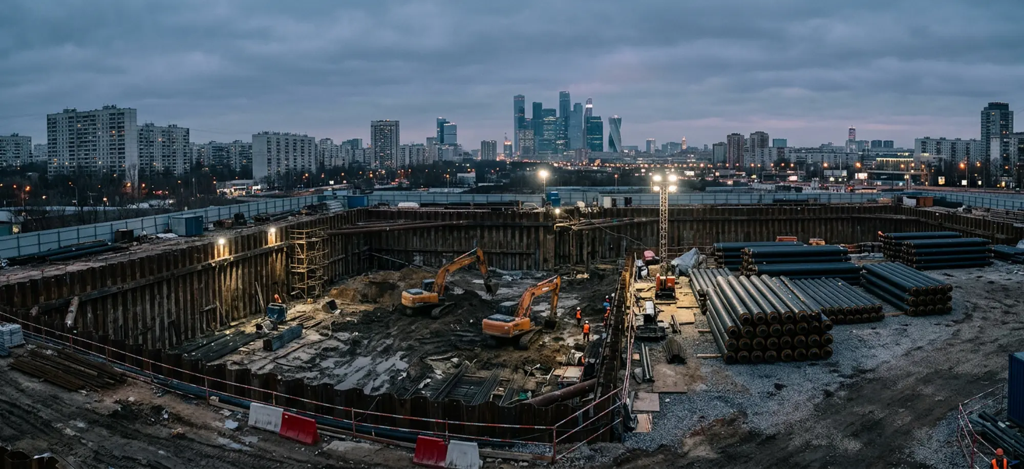 Стройплощадка в Москве: котлован со шпунтом, экскаваторы, трубы, вечер